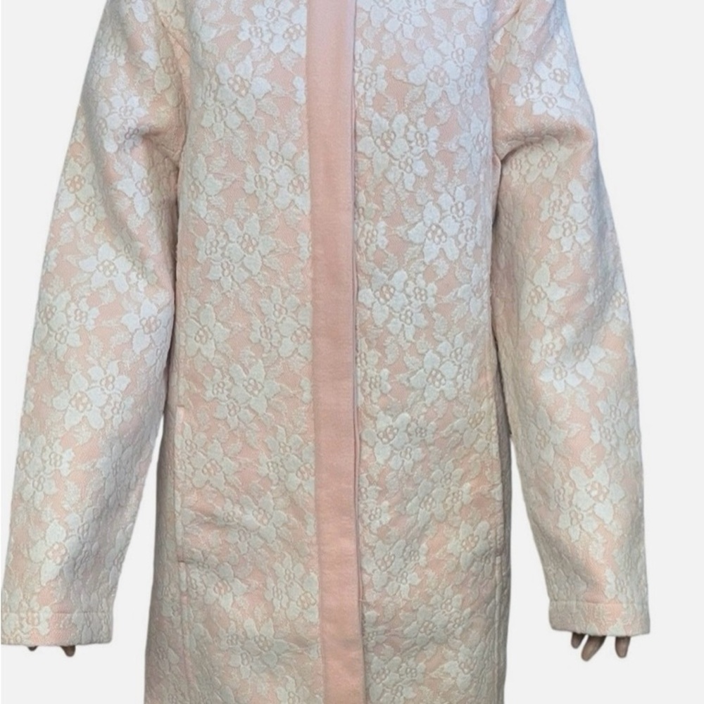 Isaac Mizrahi Lace Coat XL Button Down Mid Length Retro Coquette Pink White - Picture 6 of 8